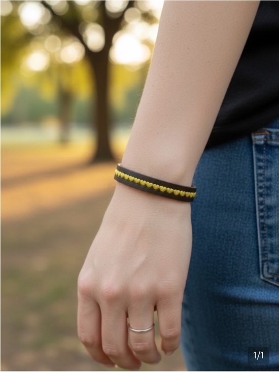 Jewelry - Brown Leather Bracelet with Yellow Fabric Heart Accent